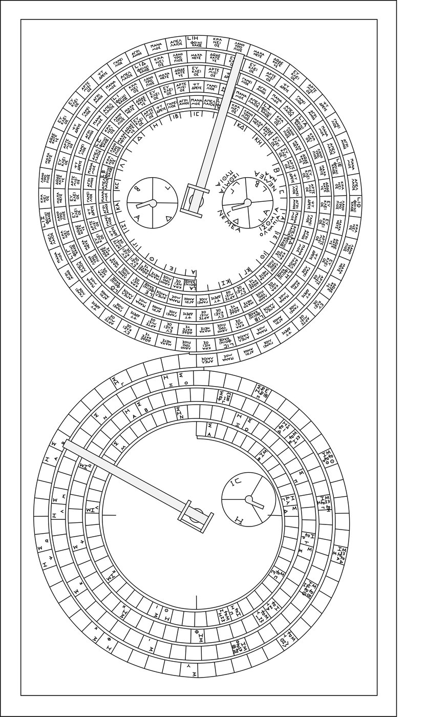 Figure 4 — The back face as reconstructed by Freeth and Jones. The upper spiral is the 19-year Metonic calendar of 235 months in five turns, with a small four-year games dial and a 76-year Callippic dial insi…