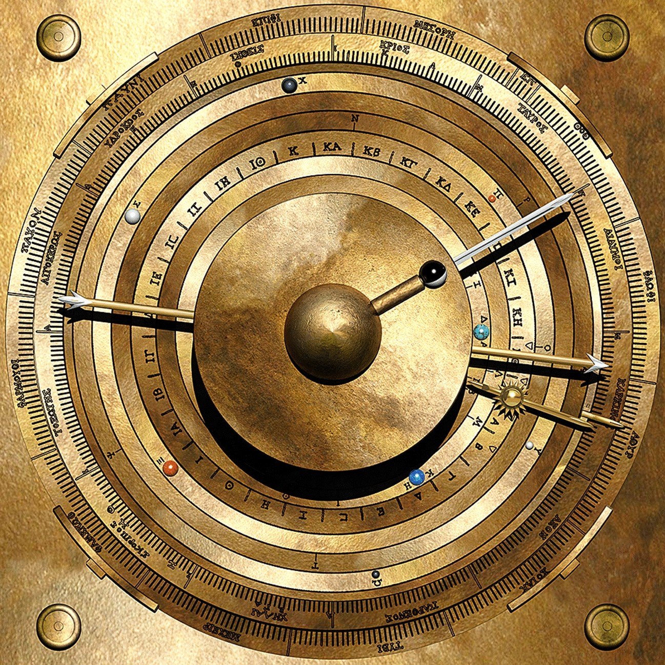 Figure 5 — Computer model of the front "cosmos display" proposed by the UCL Antikythera Research Team in 2021: the Earth at the centre, then the Moon with its phase, and concentric rings for Mercury, Venus, t…