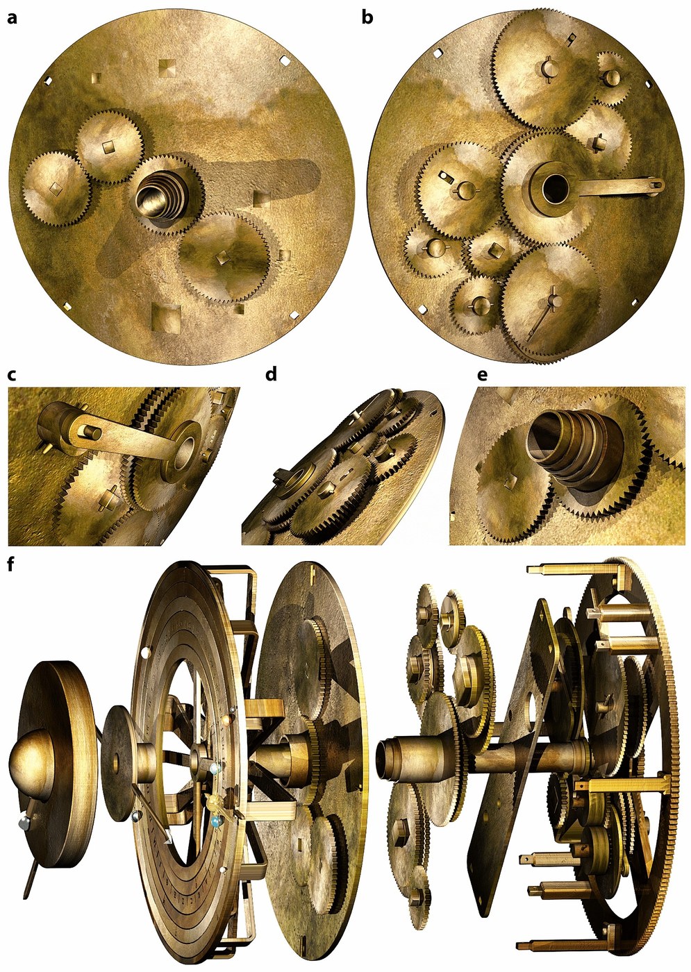 Figure 1 — The UCL team's reconstruction of the gearing for the front of the mechanism. (a) and (b): the Circular Plate from the front and back, carrying the true Sun and outer-planet trains; (c)–(e): close-u…
