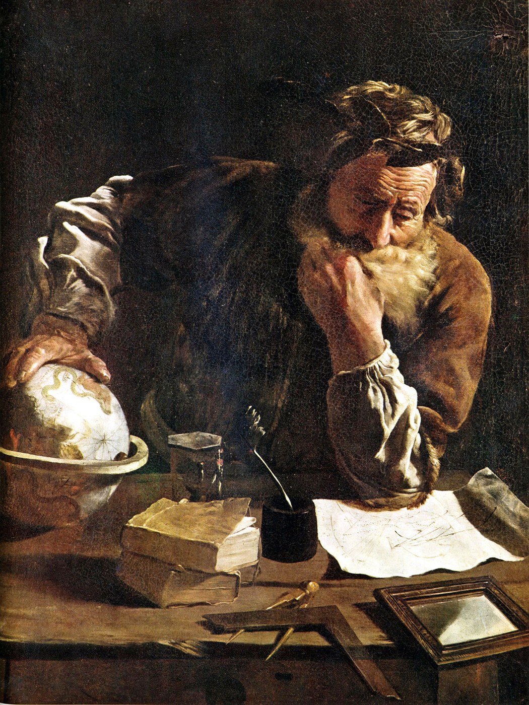 Figure 3 — Archimedes as imagined by Domenico Fetti in 1620 (Gemäldegalerie Alte Meister, Dresden), with a celestial globe at his elbow. No authentic portrait of Archimedes survives; Cicero's account of his t…