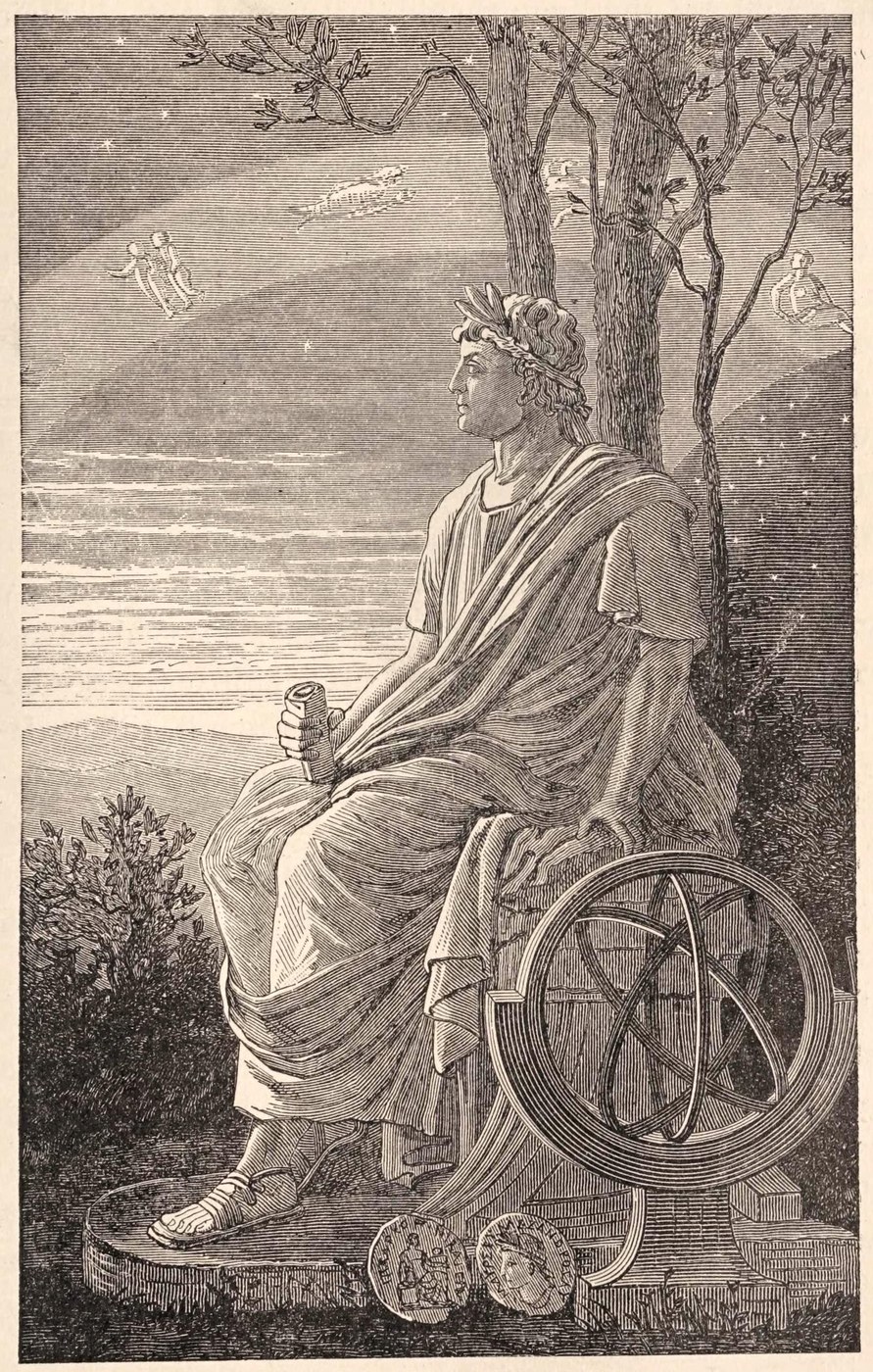Figure 4 — An artist's impression of Hipparchus with an armillary sphere, from a nineteenth-century engraving inspired by the seated figure on Roman-period coins of Bithynia, his homeland (he was Hipparchus o…