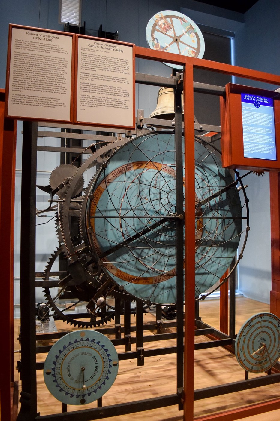 Figure 6 — A full-size modern reconstruction of Richard of Wallingford's astronomical clock for St Albans Abbey, built from his treatise, on museum display. The large dial shows the Sun and Moon against the h…