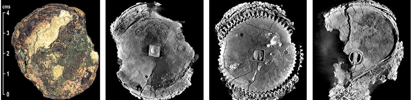Figure 1 — Fragment D, about 4.5 cm across: a photograph of its corroded surface (left) and three X-ray CT slices through it at different depths. The third slice reveals a gear with triangular teeth, hidden i…