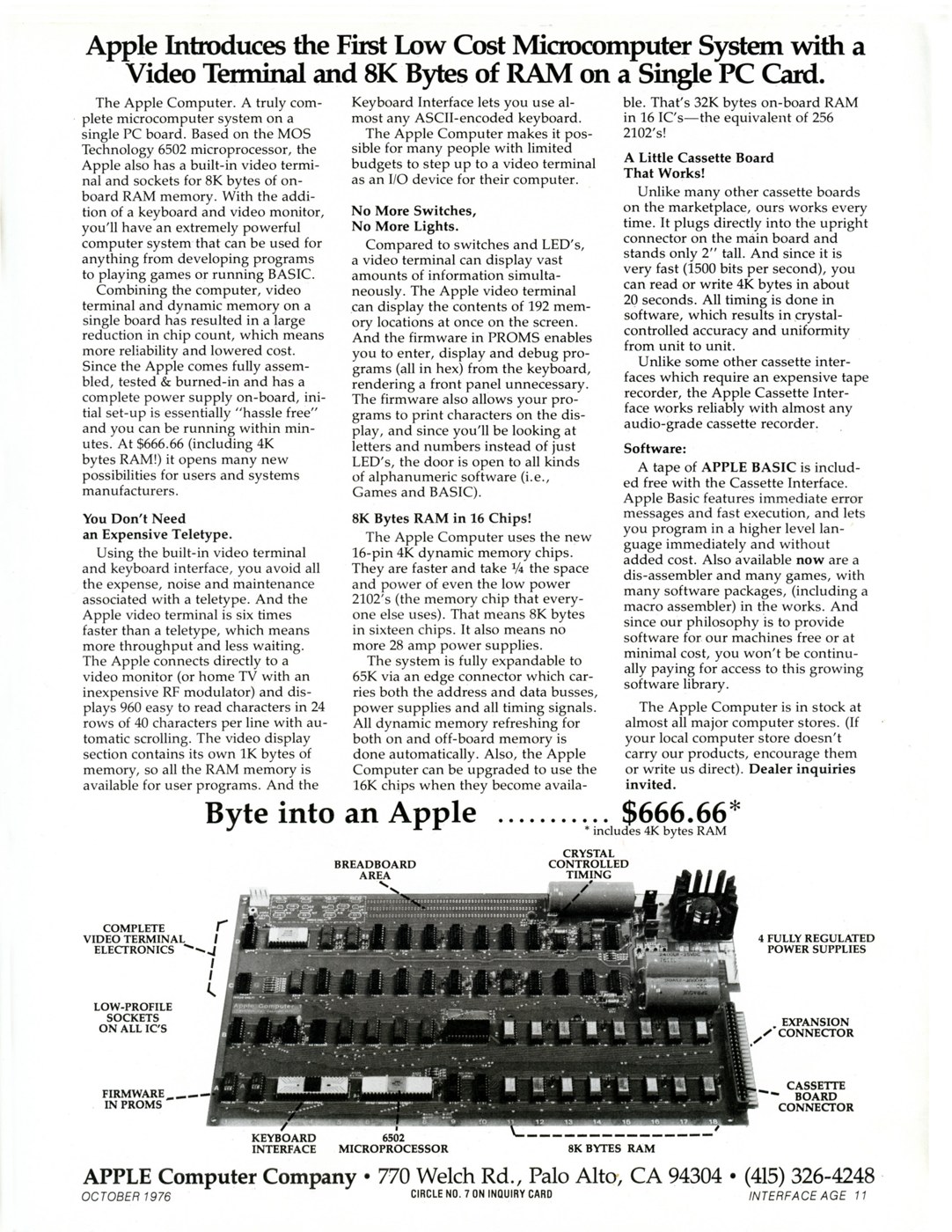 Figure 3 — Apple Computer Company's advertisement in Interface Age, October 1976. The text promises a video terminal and 8K bytes of RAM on a single board, "fully assembled, tested & burned-in", with a casset…