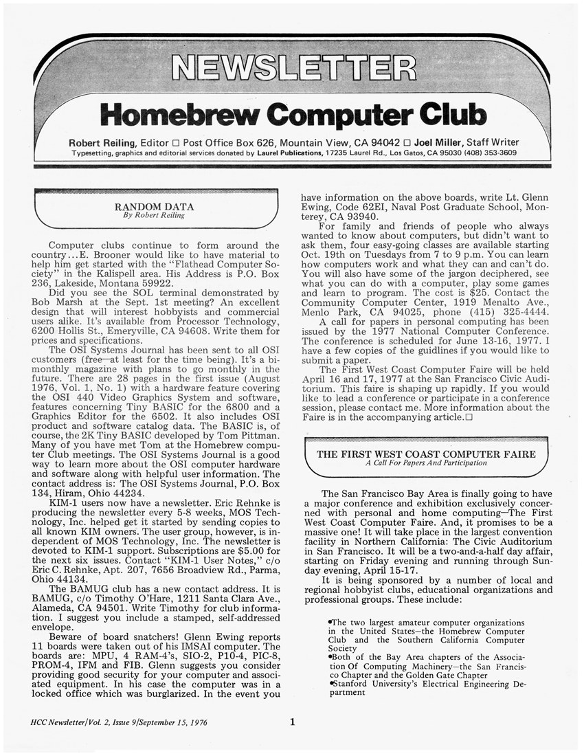 Figure 5 — A page of the Homebrew Computer Club Newsletter from September 1976, edited by Robert Reiling. Its "Random Data" column reported members' projects and the new companies forming around them, and the…