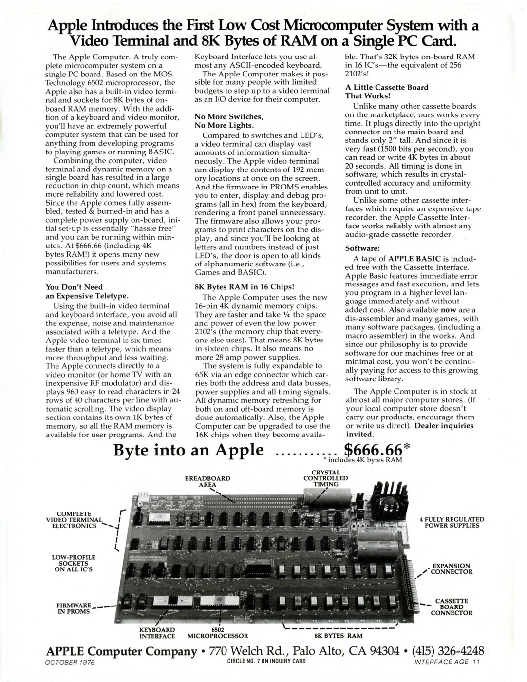 Figure 2 — Apple's first advertisement, Interface Age, October 1976. The photograph of a fully populated board carries Apple's own labels: breadboard area, complete video terminal electronics, low-profile soc…