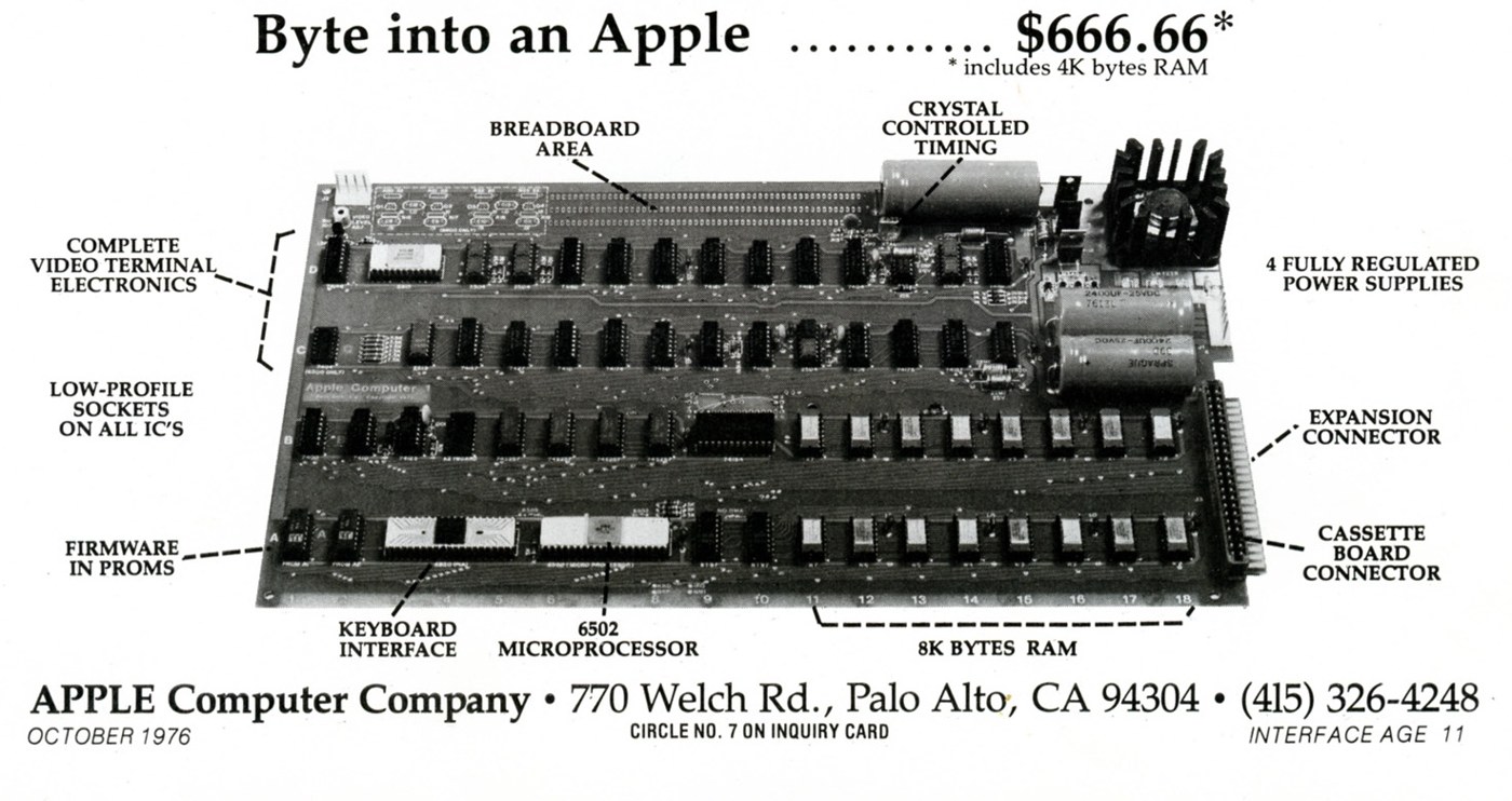 Figure 6 — The lower half of the October 1976 Interface Age advertisement. The labelled photograph points out the board's features: complete video terminal electronics, a breadboard area, crystal-controlled t…