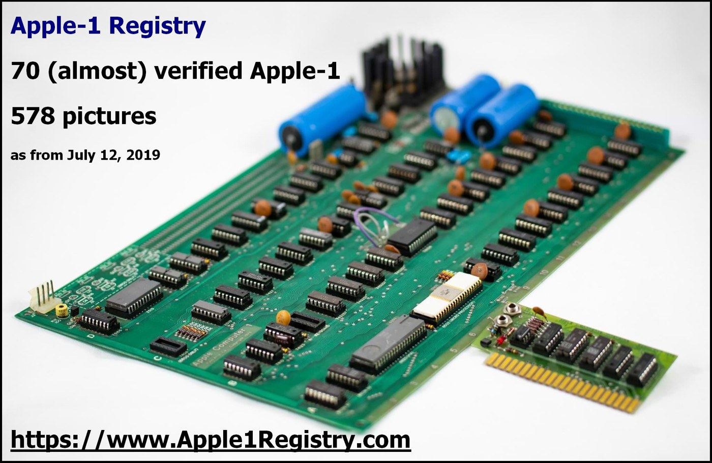 Figure 3 — The Apple-1 Registry's own illustration from July 2019, when it counted 70 verified or almost verified boards and 578 photographs; by October 2026 the figures were 94 boards and more than 1,100 pho…