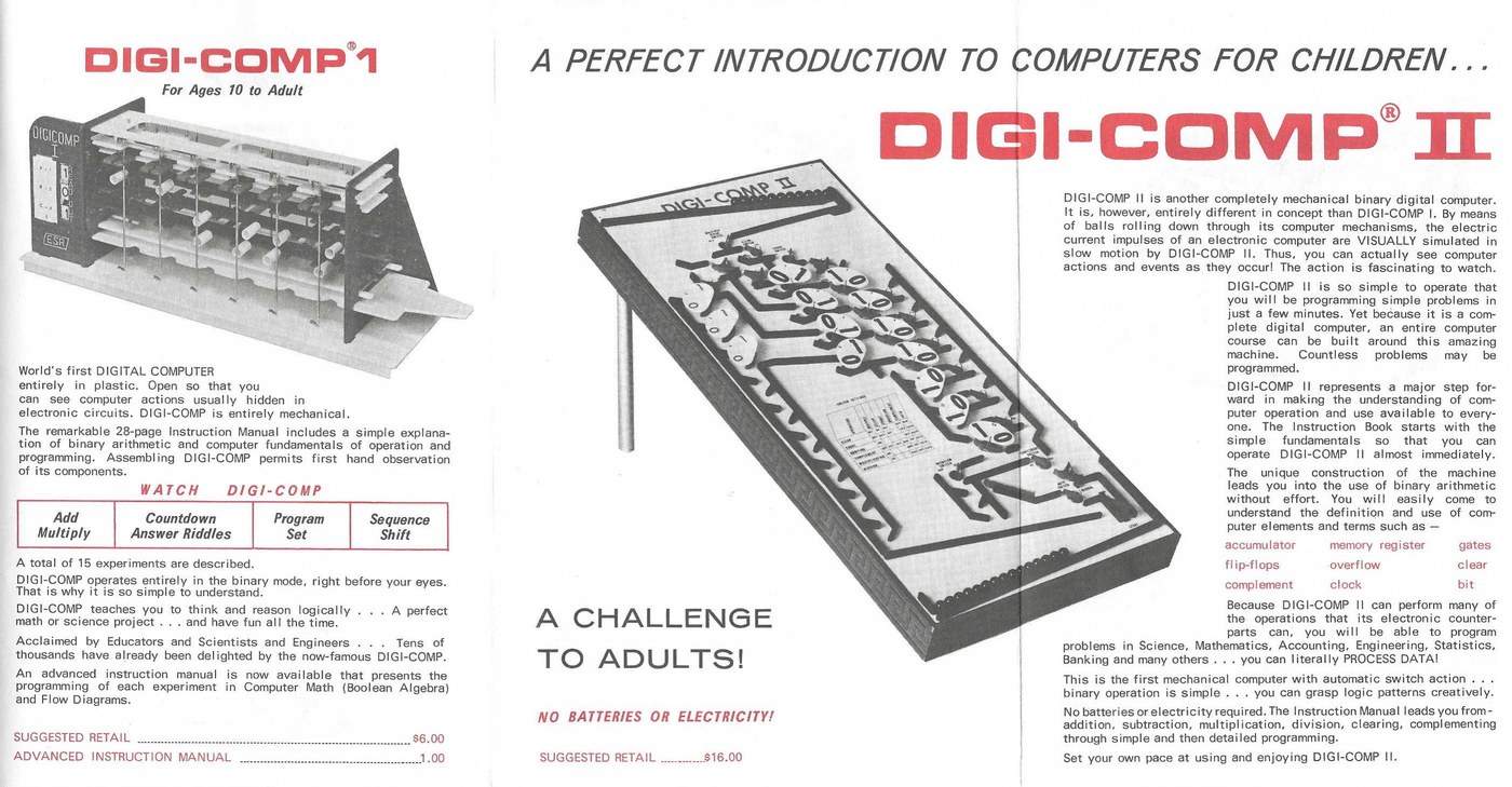 Figure 3 — The inside of E.S.R.'s trifold flyer from the later 1960s, with both machines side by side. Digi-Comp I ("World's first DIGITAL COMPUTER entirely in plastic") by now carries a suggested retail pric…