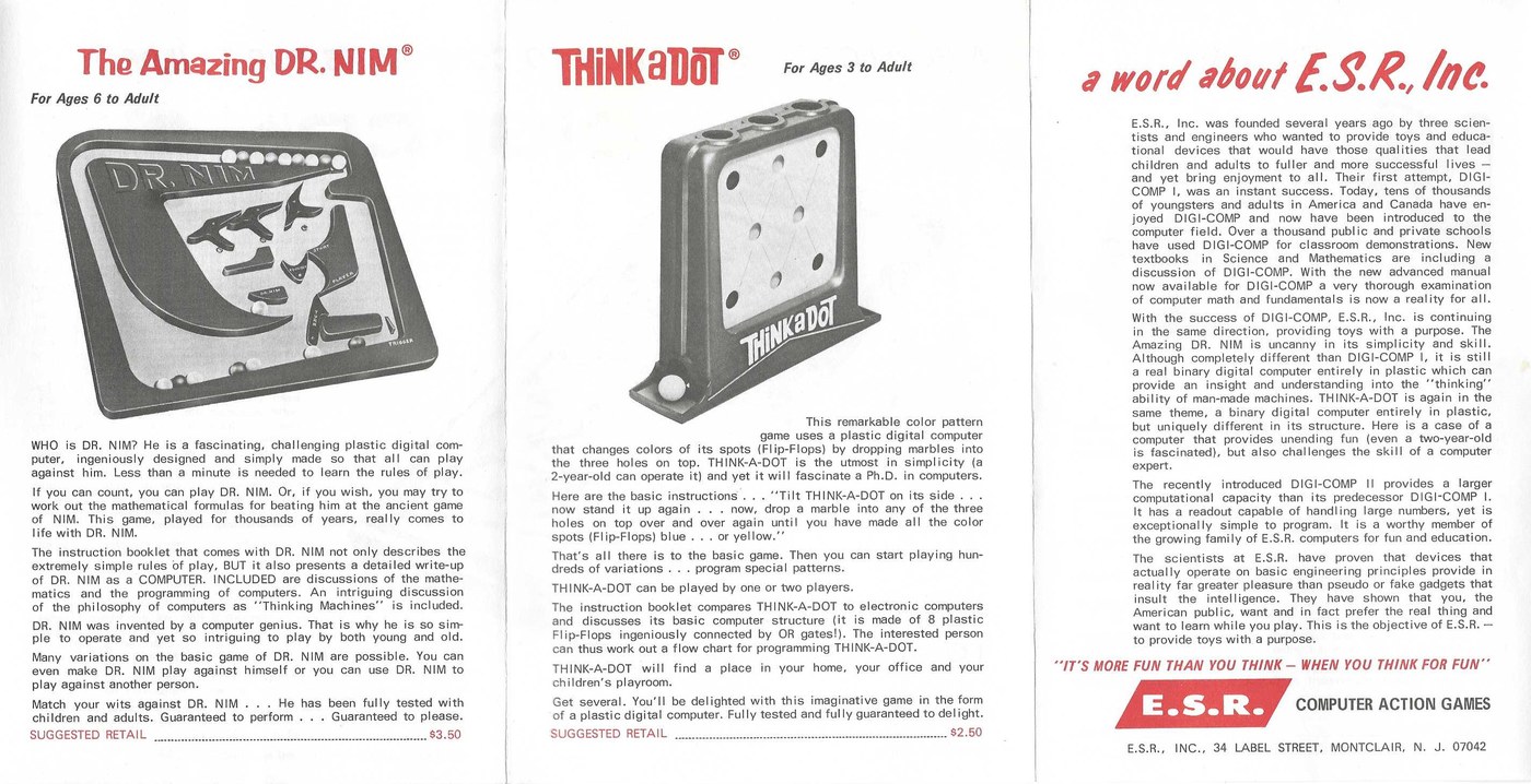 Figure 6 — The outside of E.S.R.'s trifold flyer: The Amazing Dr. Nim ("For Ages 6 to Adult", $3.50), Think-a-Dot ("For Ages 3 to Adult", $2.50), and "a word about E.S.R., Inc." — "founded several years ago b…