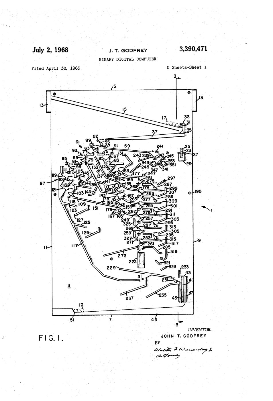 Figure 2 — Sheet 1 of US Patent 3,390,471, "Binary Digital Computer", filed by John T. Godfrey on 30 April 1965 and granted on 2 July 1968. Figure 1 is the whole board seen from above: the ball rack along the…
