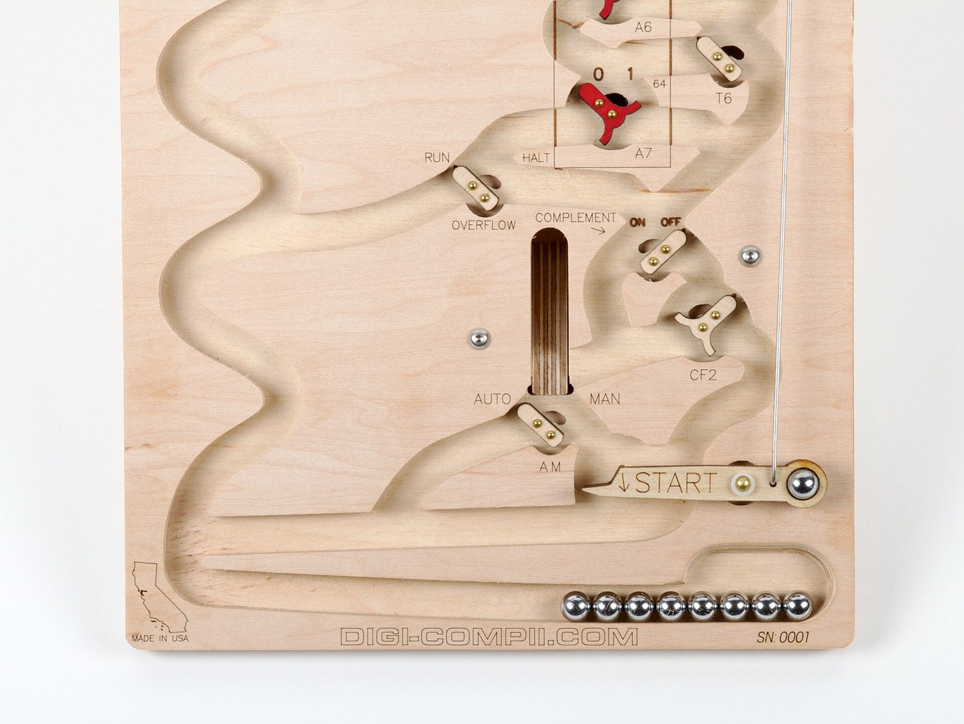 Figure 6 — The bottom of the same board: the last accumulator bit A7 (worth 64) and mode flip-flop T6; the OVERFLOW switch (RUN or HALT), which catches a carry out of A7; the COMPLEMENT switch and CF2, which …