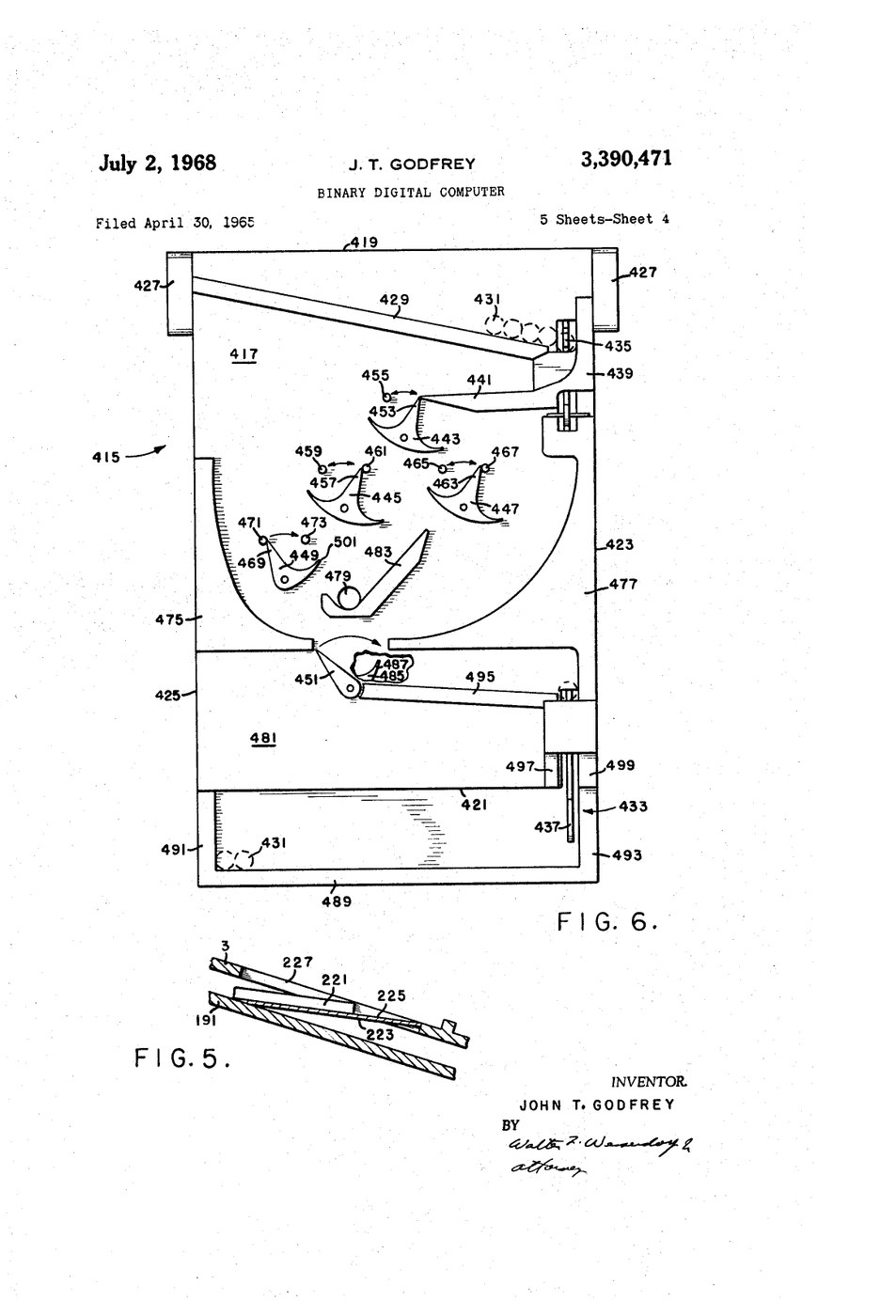Figure 3 — Sheet 4 of Godfrey's Digi-Comp II patent: Figure 6 shows "game 415", a board on which a rack of balls along the top is released one at a time through a small network of flip-flops (443, 445, 447) a…