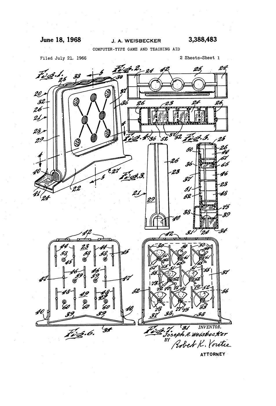 Figure 5 — Sheet 1 of Joseph A. Weisbecker's patent 3,388,483, "Computer-Type Game and Teaching Aid", filed 21 July 1966: the upright frame with three holes along the top and eight coloured windows (Figure 1)…
