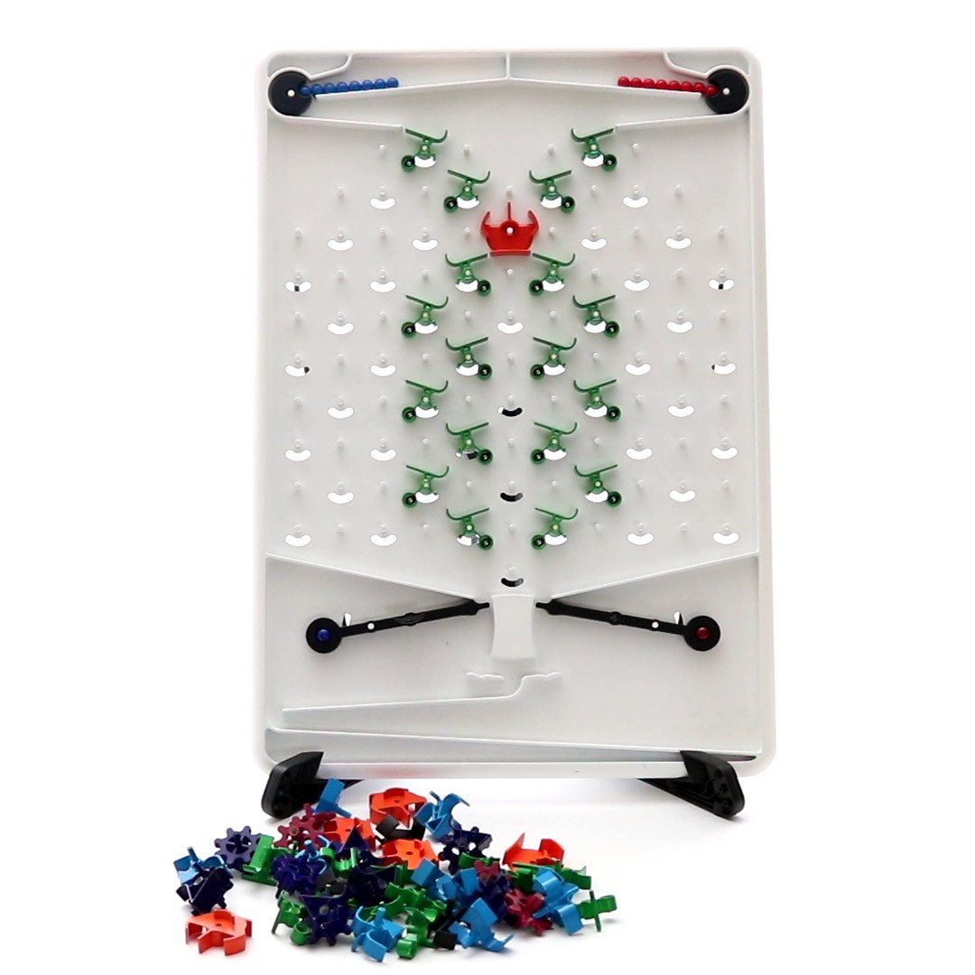 Figure 8 — A Turing Tumble board with a small machine on it that releases red and blue balls alternately: the green ramps and the blue "bit" in the middle play the part of Digi-Comp II's guides and flip-flops…