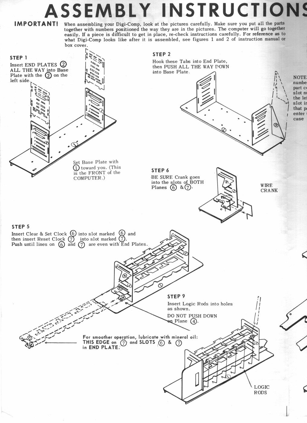 Figure 3 — E.S.R.'s first assembly sheet (1963): the end plates into the base (steps 1-2), the clear-and-set and reset clocks into slots 6 and 7 with the note to lubricate their edges with mineral oil (step 5…