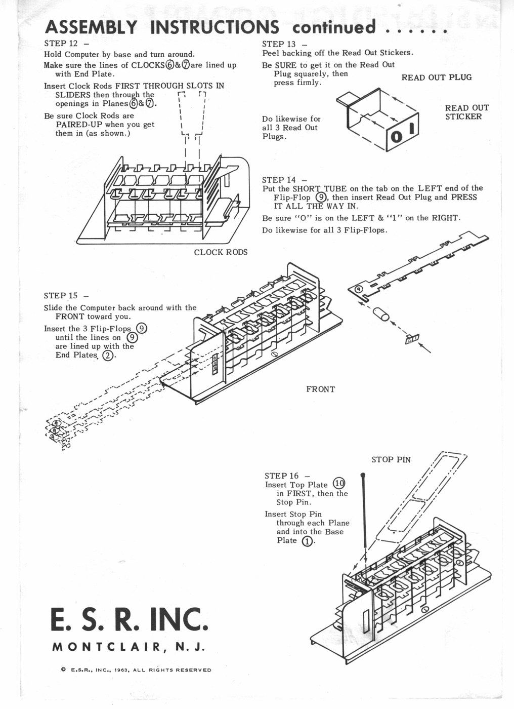 Figure 4 — E.S.R.'s last assembly sheet: the clock rods threaded through the sliders and the clock planes, "PAIRED-UP" (step 12); the read-out plugs pressed onto short tubes on the flip-flops, "0" on the left…