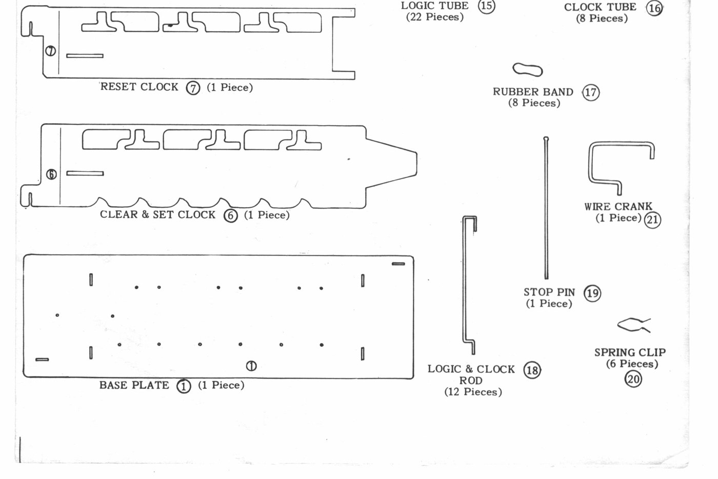 Figure 2 — The lower half of E.S.R.'s 1963 parts list: the reset clock (7) and clear-and-set clock (6) with their rows of cut-outs, the base plate (1), and the wire parts — the twelve identical logic and cloc…