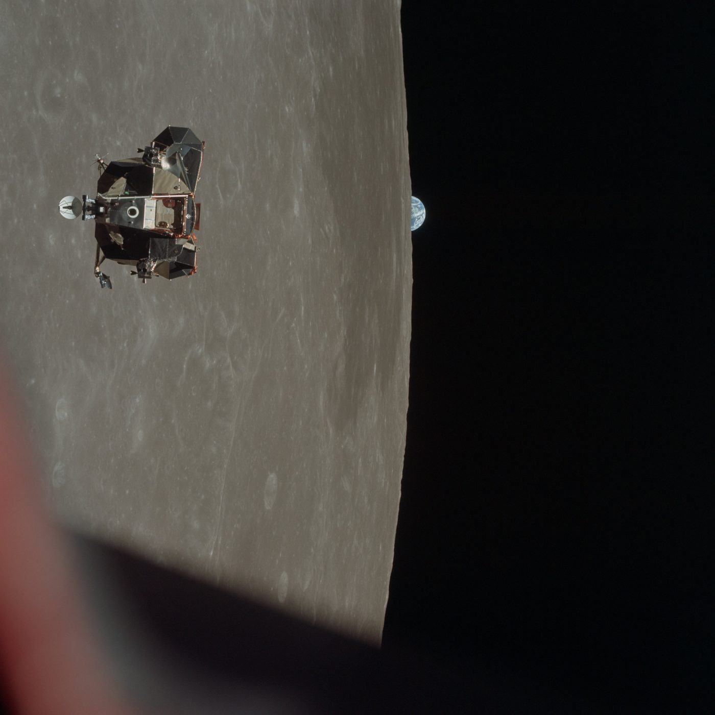 Figure 2 — The Apollo 11 Lunar Module ascent stage, carrying Armstrong and Aldrin, photographed from the Command Module during rendezvous above the Moon. File:Apollo 11 Lunar Module ascent stage ph…