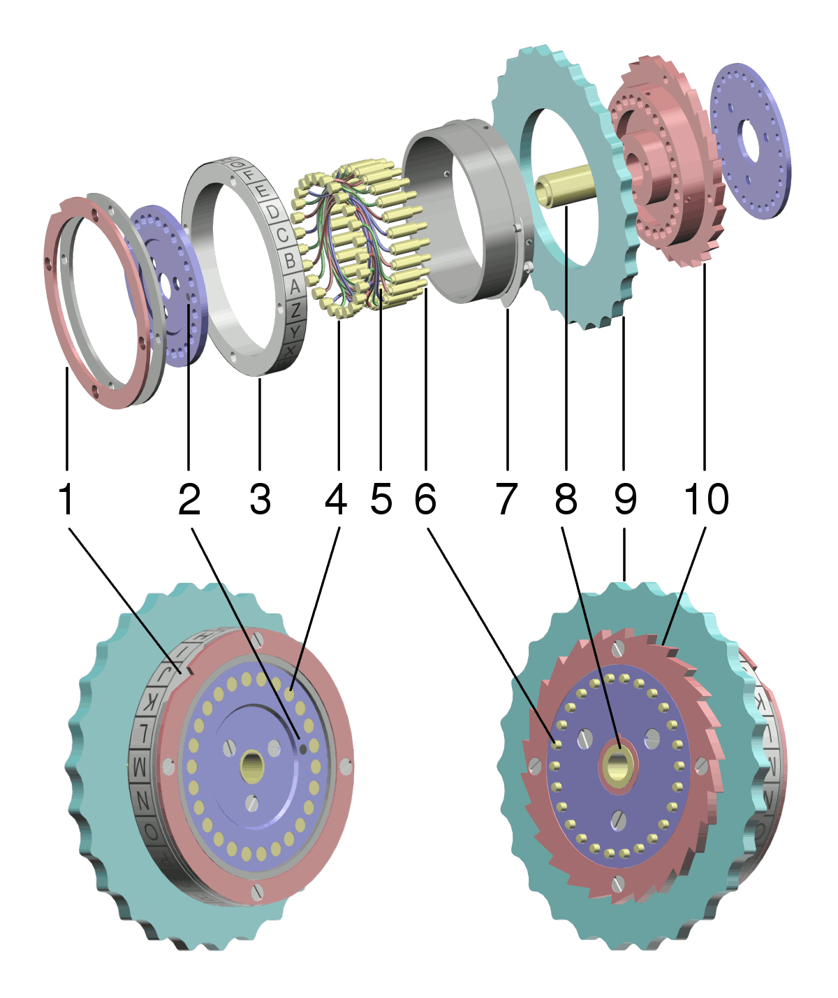Figure 3 — Exploded view of an Enigma rotor, showing the spring-loaded pin contacts, the flat plate contacts, the scrambled internal wiring, the alphabet ring and the notched ring. File:Enigma roto…