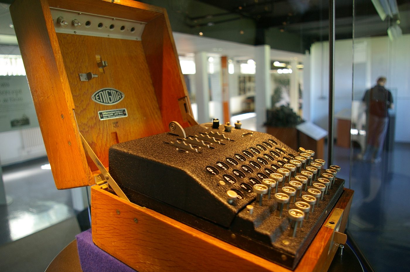 Figure 4 — A rare Abwehr Enigma (model G312) at Bletchley Park. Note the absence of a plugboard across the front; the counter machine relied on multi-notch rotors and a rotating reflector instead. …