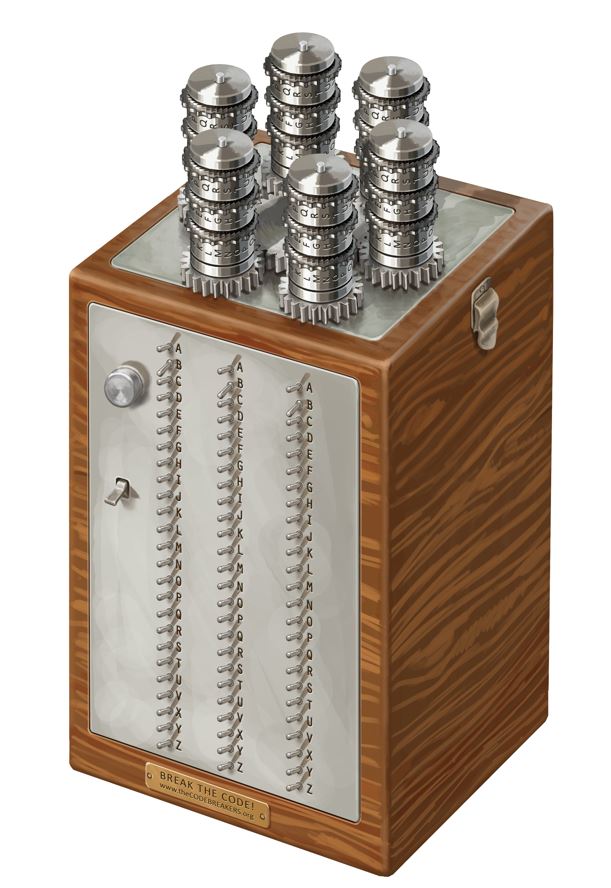 Figure 4 — A reconstruction of the bomba kryptologiczna, the electromechanical aggregate of six linked Enigma replicas that searched for the daily key. File:Cryptology Bomb.jpg by Szymon Pilecki, S…