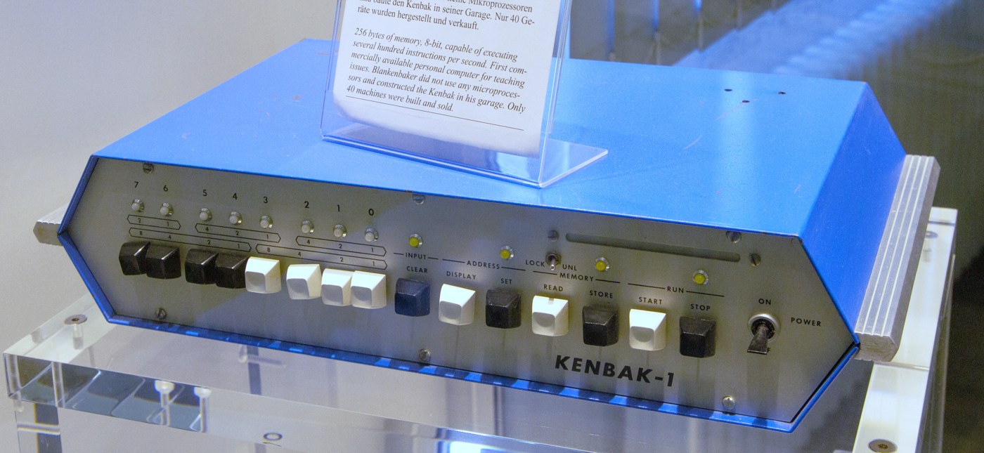 Figure 1 — KENBAK-1 serial 185 on display at the Deutsches Museum in Munich, which bought it at auction in 2015. The eight data buttons and lamps on the left are the machine's whole input and output; the slot…