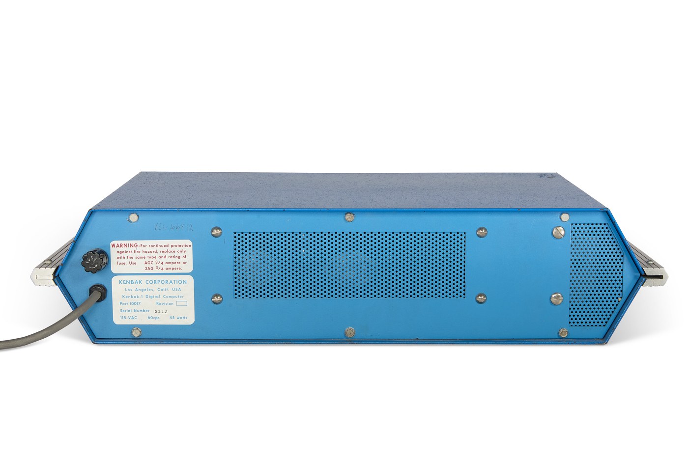 Figure 6 — The rear of serial 0212: three-pin power cord, fuse holder and warning label at the left, the Kenbak Corporation nameplate ("Los Angeles, Calif. USA ... Kenbak-1 Digital Computer ... Serial Number …