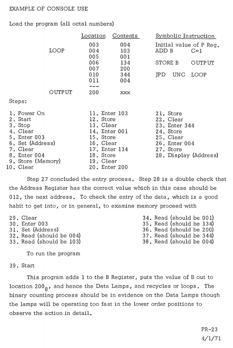 Figure 6 — "Example of Console Use" from the Programming Reference Manual (PR-23): the counting program, the 39 button presses that load it, and the read-back that checks it. The series' simulator presses the…