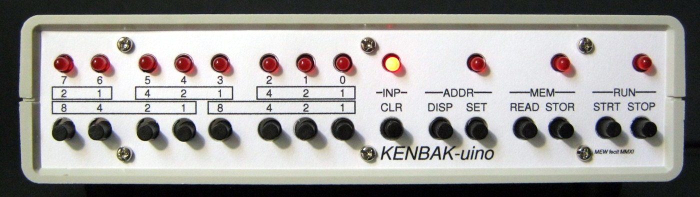 Figure 6 — Mark Wilson's KENBAK-uino of 2011, the Arduino-based emulator from which the commercial emulation kits descend. The panel follows the original's layout, with red LEDs for lamps and tactile switches…