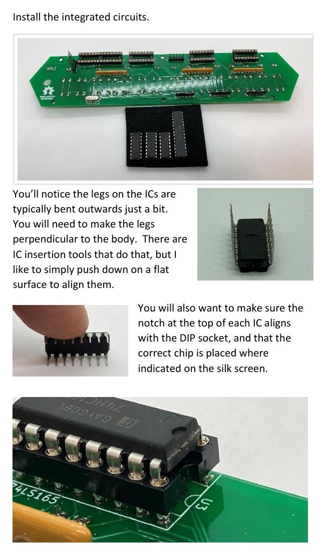 Figure 4 — Fitting the chips: DIP sockets on the back of the board with their notches to the right, the legs of each chip squared up against a flat surface before insertion, and the notch on the chip matched …