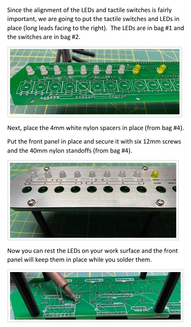 Figure 3 — The booklet's step for the lamps: LEDs placed long lead to the right, the front panel fitted on its nylon spacers and standoffs, and the board turned over so that the panel holds every LED at the s…