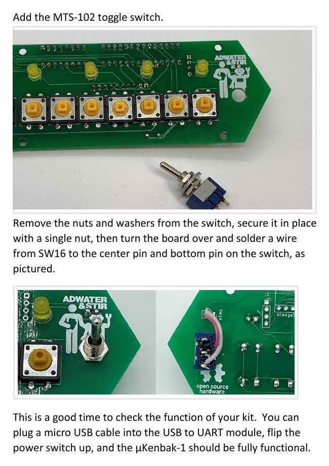 Figure 5 — The power switch: the MTS-102 toggle held in the board with a single nut, and the wire from the SW16 pads to its centre and bottom pins on the back of the board.