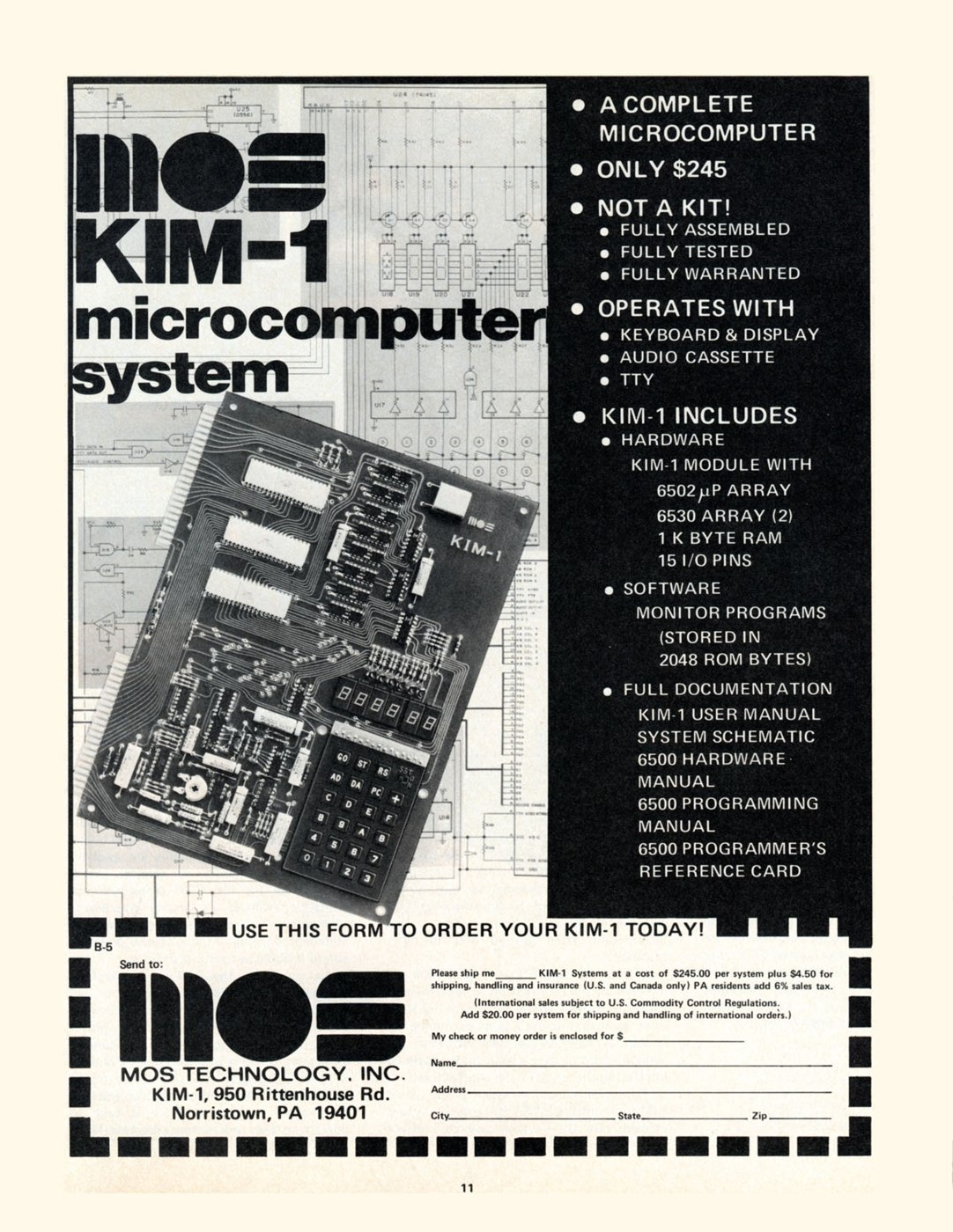 Figure 2 — MOS Technology's advertisement for the KIM-1, May 1976: "A complete microcomputer … only $245 … not a kit!", with the board's contents, its software ("monitor programs stored in 2048 ROM bytes") an…