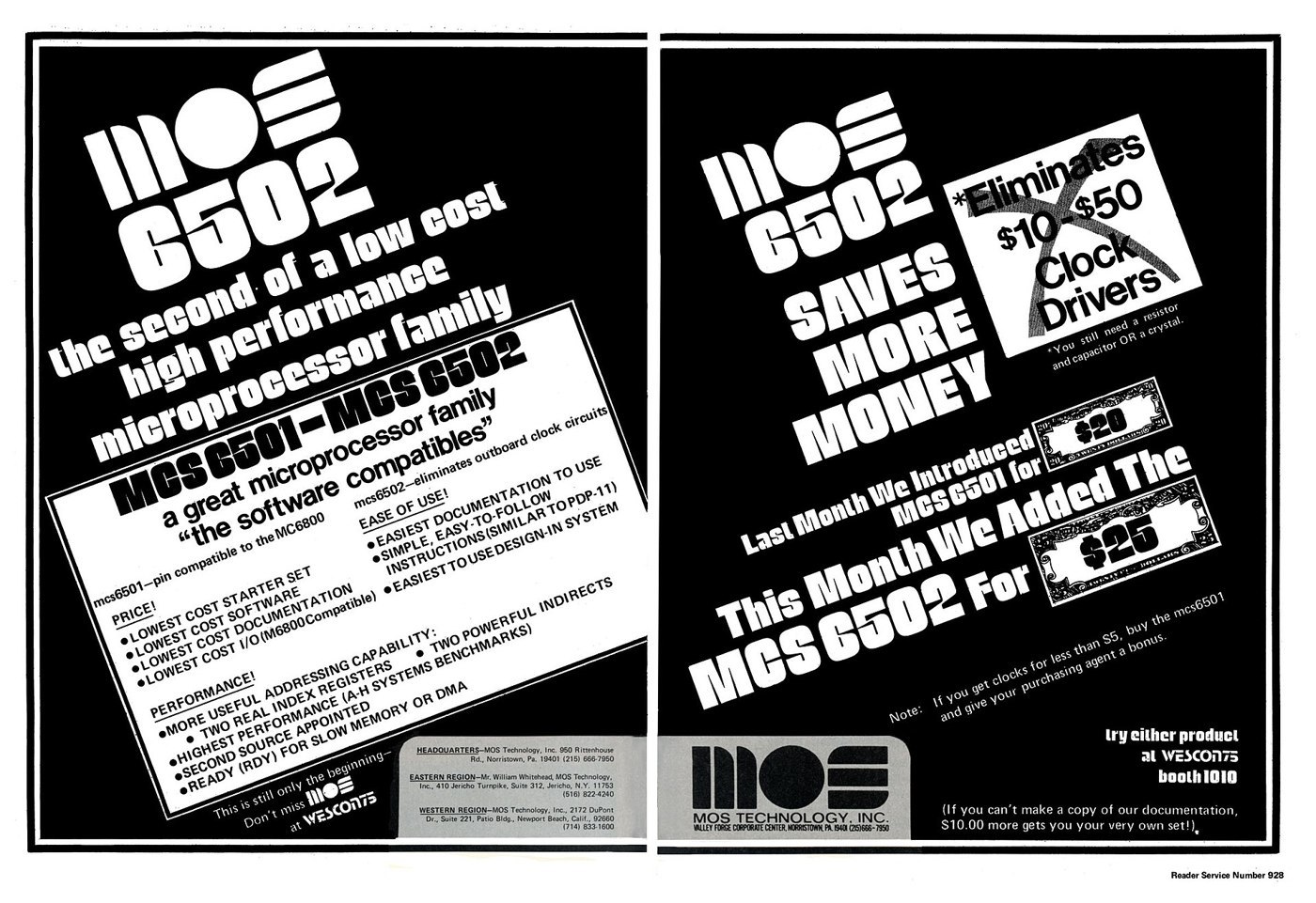 Figure 6 — MOS Technology's two-page advertisement of September 1975. Left: "MOS 6502 — the second of a low cost high performance microprocessor family", with the 6501 and 6502 side by side, "the software com…
