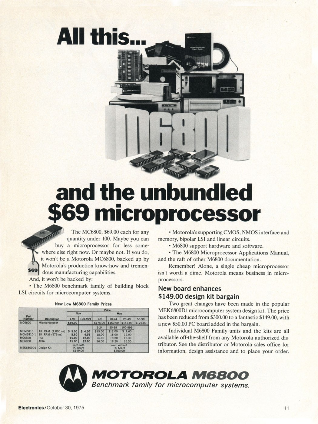 Figure 8 — Motorola's reply: "All this … and the unbundled $69 microprocessor", an advertisement for the 6800 at its new price, Electronics, October 1975. Within months of WESCON the 6800 had lost more than h…