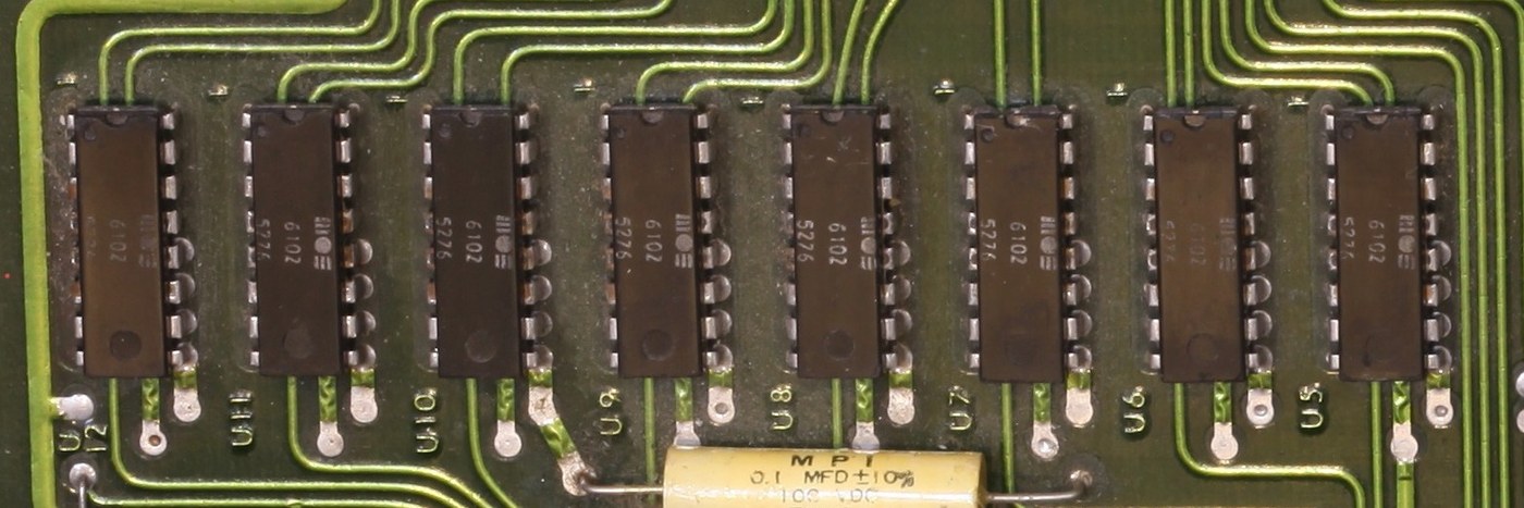 Figure 3 — The KIM-1's entire user memory: eight MOS 6102 static RAMs, each storing 1,024 single bits. Chip n holds bit n of every byte, so all eight are read together on every access to the first kilobyte. T…