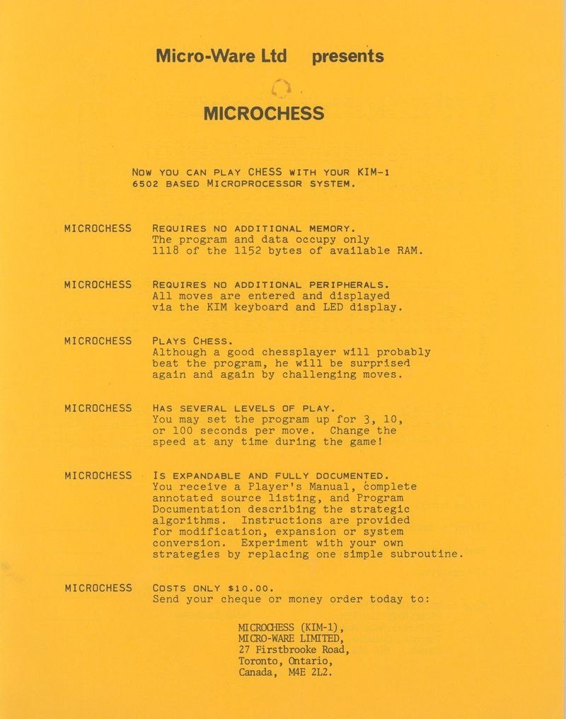 Figure 5 — "Micro-Ware Ltd presents MICROCHESS": Jennings's order form. "Requires no additional memory. The program and data occupy only 1118 of the 1152 bytes of available RAM"; three levels of play (3, 10 o…