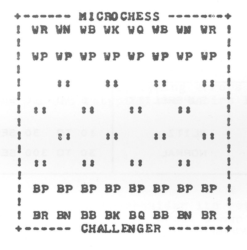 Figure 6 — A Microchess board printed on a teletype, 1976. With a teletype attached to the KIM-1, the program could print the position: W and B for white and black, then K, Q, R, B, N and P for the pieces, wi…
