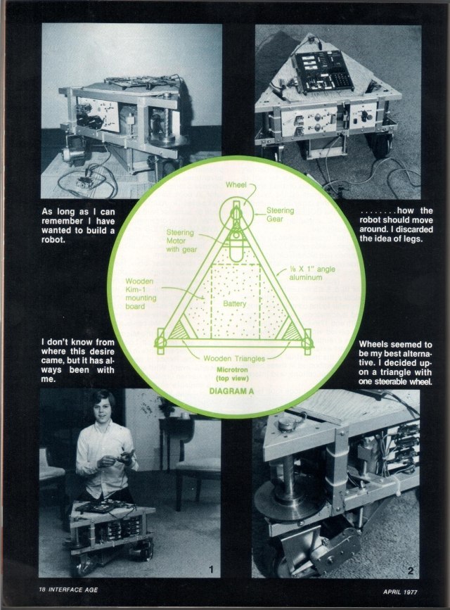 Figure 5 — The opening page of Loofbourrow's article "'Mike' — A Computer Controlled Robot", Interface Age, April 1977, p. 18: photographs of the chassis around Diagram A, the triangular frame, with the build…