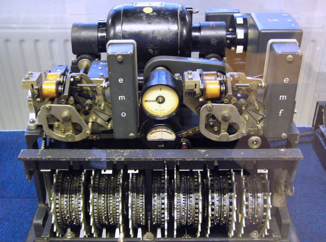 Figure 1 — A Lorenz SZ42 cipher attachment with its covers removed, in the Bletchley Park museum. The twelve pin wheels sit in a row across the front: from the left, the five psi wheels, the two motor wheels …