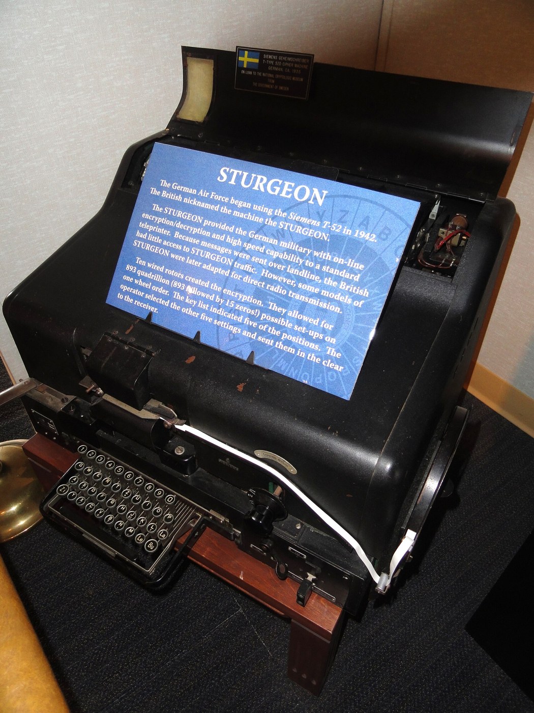 Figure 5 — A Siemens T52D at the US National Cryptologic Museum, Fort Meade, displayed under its British codename, STURGEON. The museum also holds a Lorenz machine; the two are easily confused in photographs,…