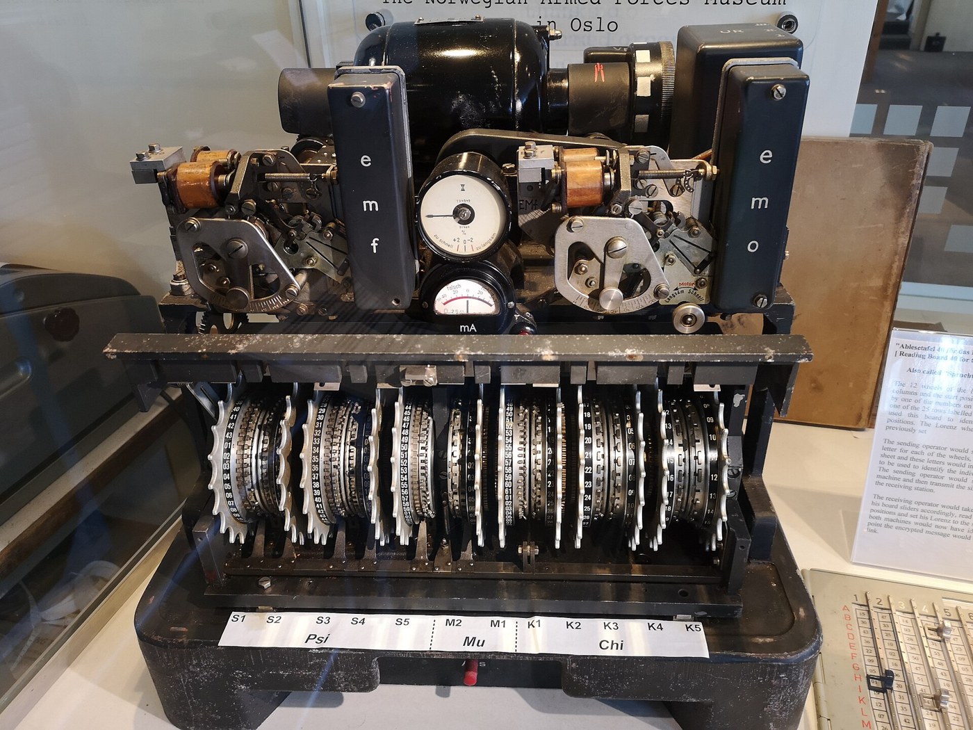Figure 6 — Lorenz SZ42 serial number 1137 in the Tunny gallery at The National Museum of Computing, on long-term loan from the Norwegian Armed Forces Museum since 2016. The labels on the front identify the wh…
