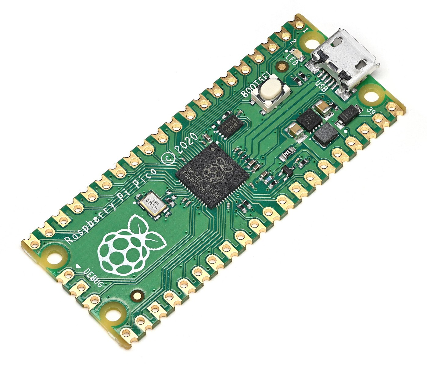 Figure 6 — The Raspberry Pi Pico, here the original RP2040 board; the Pico 2 used in this design has the same size and pin-out with the RP2350 chip. Two cores and twelve PIO state machines (on the Pico 2) lea…