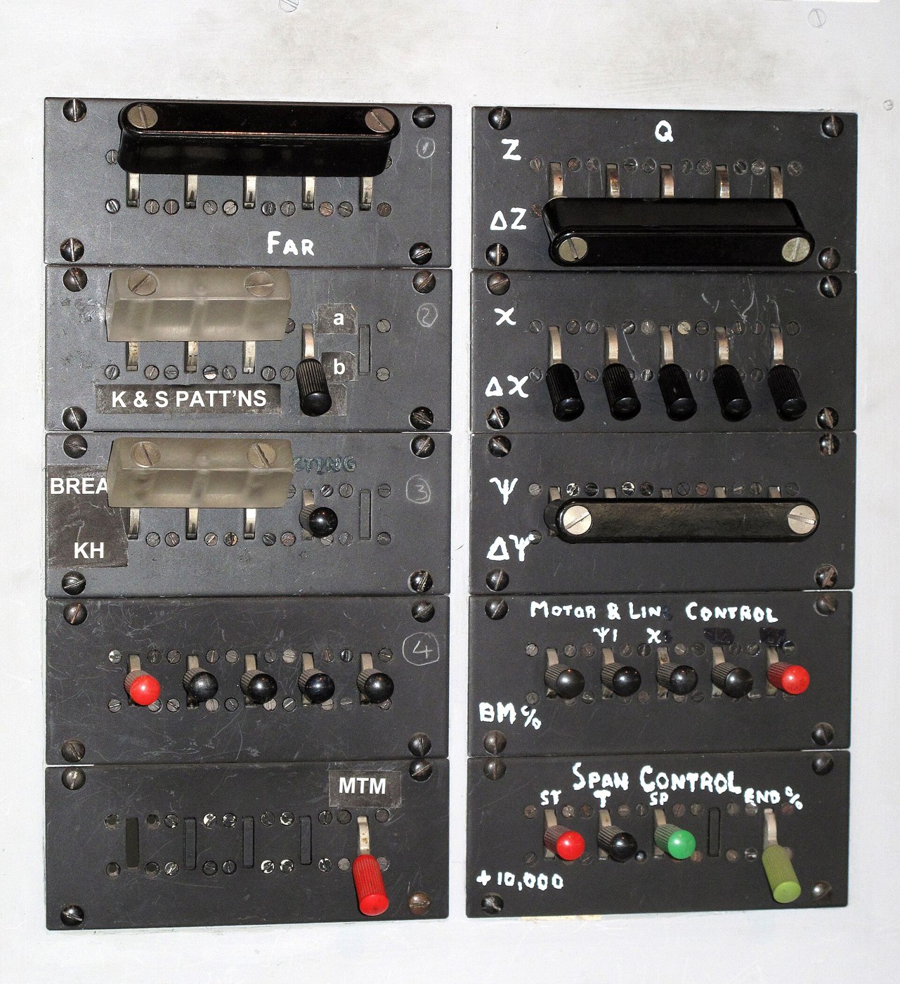 Figure 1 — The selection panel of the rebuilt Colossus at The National Museum of Computing. Its switches choose what goes into the counting logic — the cipher-text stream Z or its delta, the chi and psi strea…