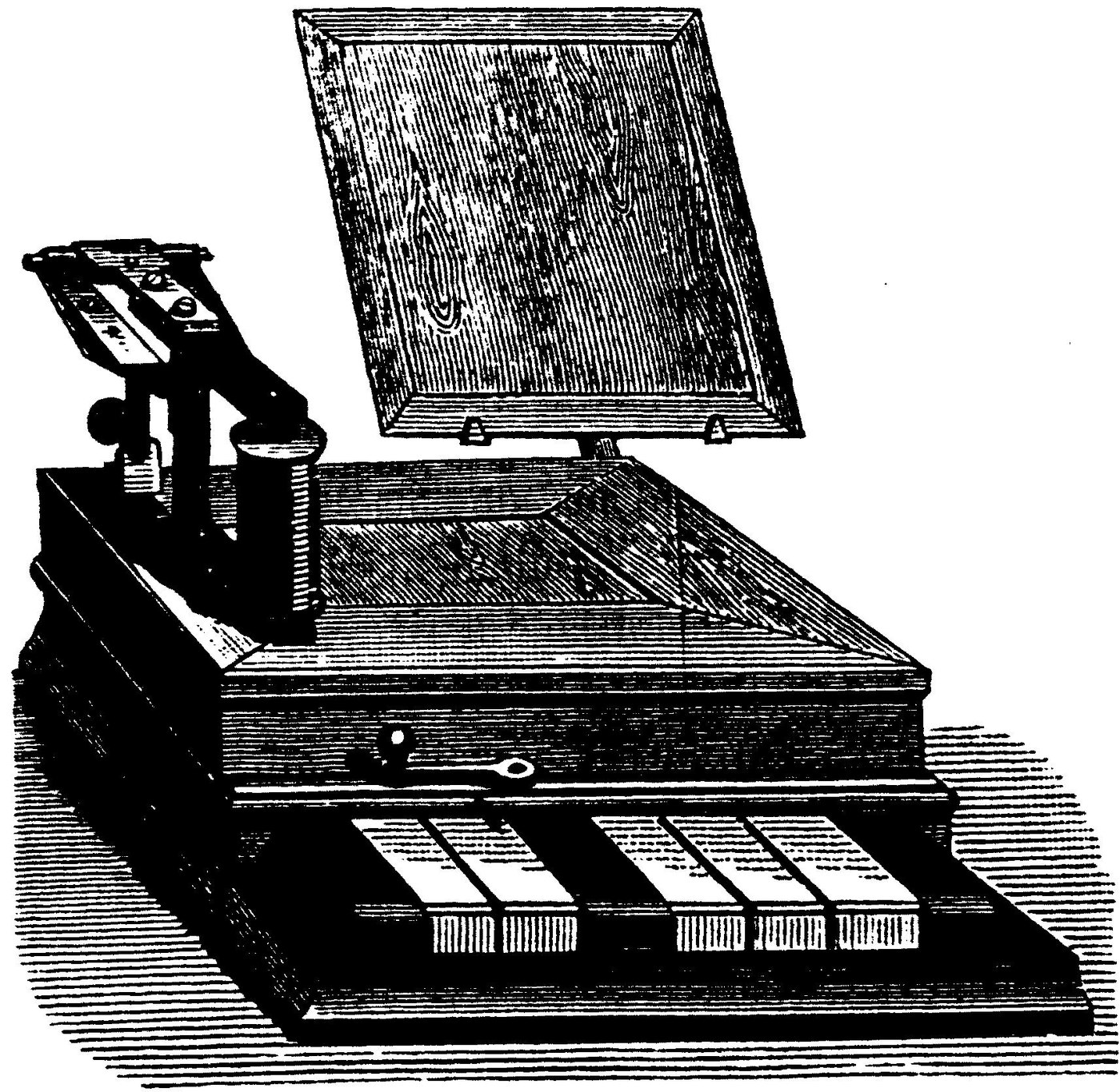 Figure 2 — Baudot's five-key manipulator, from an 1884 engraving. The operator pressed a chord of keys — two with the left hand, three with the right — for each character, and a click from the distributor (th…