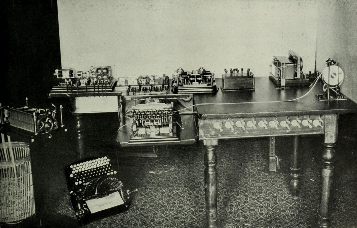 Figure 3 — A Murray page-printing telegraph installation, from an early twentieth-century publication: keyboard perforator, tape transmitter and printing receiver. Murray's separation of typing from sending, …