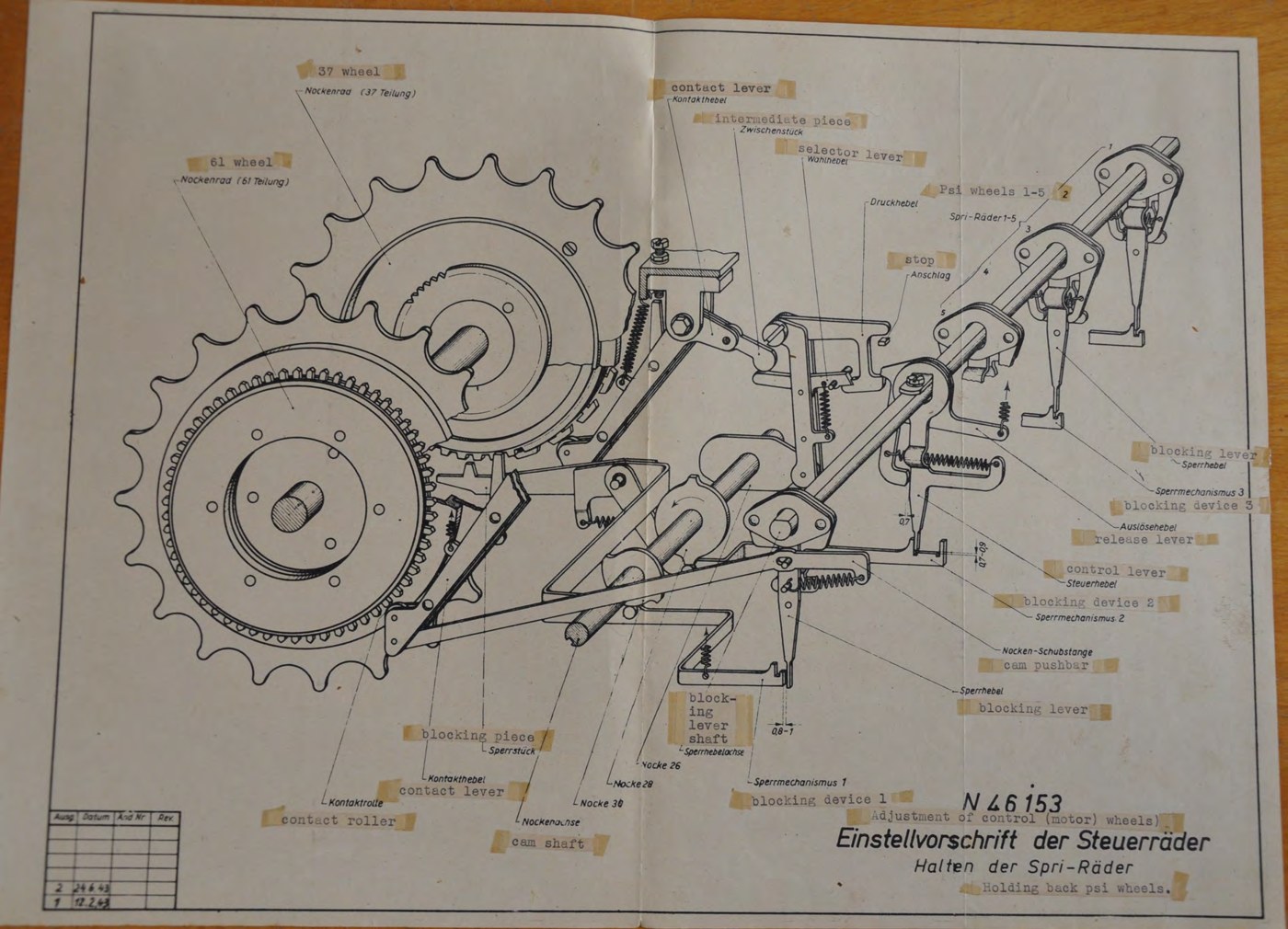 Figure 4 — The German factory drawing of the motor, N 46153 "Einstellvorschrift der Steuerräder — Halten der Spri-Räder" ("adjustment of the control wheels — holding back the psi wheels"), revised 12 February…