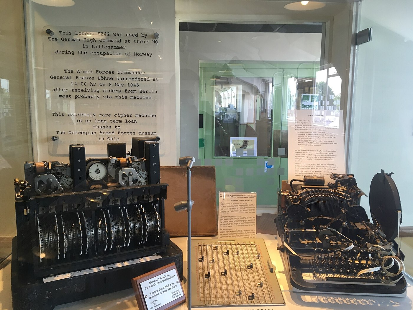 Figure 1 — The Lorenz SZ42 on loan to The National Museum of Computing at Bletchley Park from the Norwegian Armed Forces Museum (left), used at the German headquarters in Lillehammer; TNMOC gives its serial n…