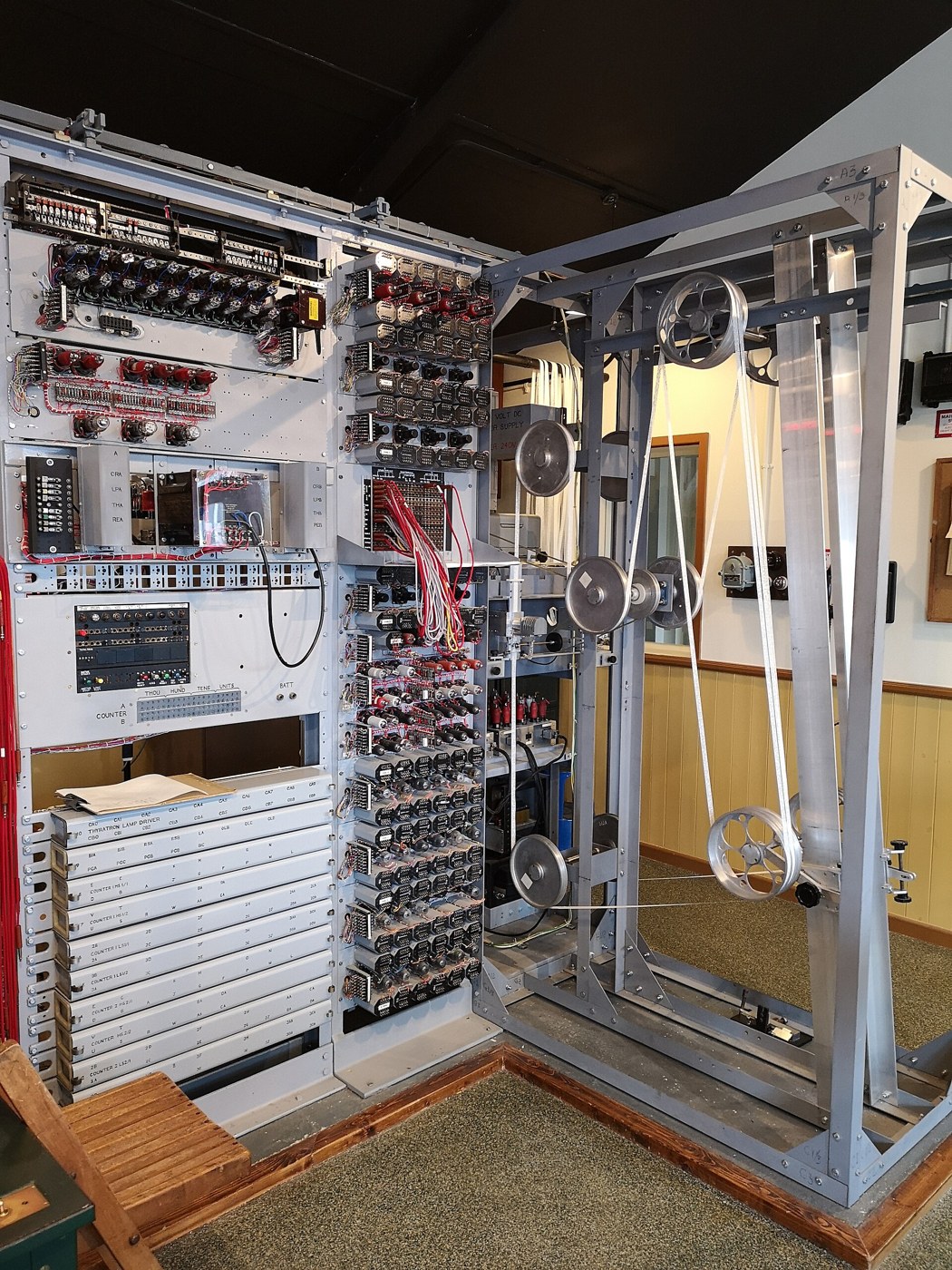 Figure 1 — The working reconstruction of Heath Robinson at The National Museum of Computing, Bletchley Park, photographed in April 2019, the month it was unveiled. On the right is the "bedstead", the steel fr…
